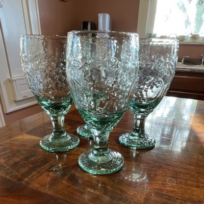 Libby Orchard Fruit Pale Green Embossed Glass Goblets Set of 4