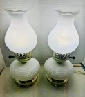 VTG Set Boudoir Lamps 13” Electric Hurricane Style Square Hobnail Milk Glass