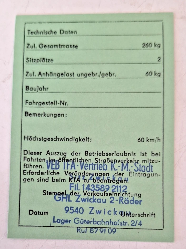 Simson KTA Papiere DDR S51 mit originalem Stempel Blanko - Bild 2 von 2