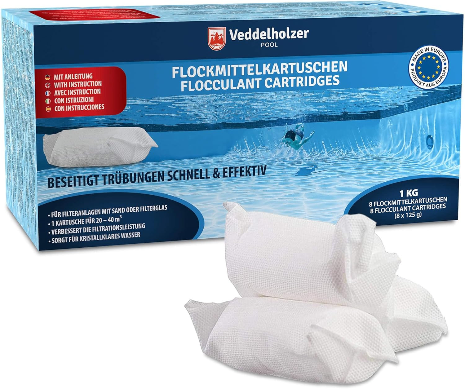 Flocculante Piscina 1 Kg: 8 Cartucce da 125g per Acqua Cristallina
