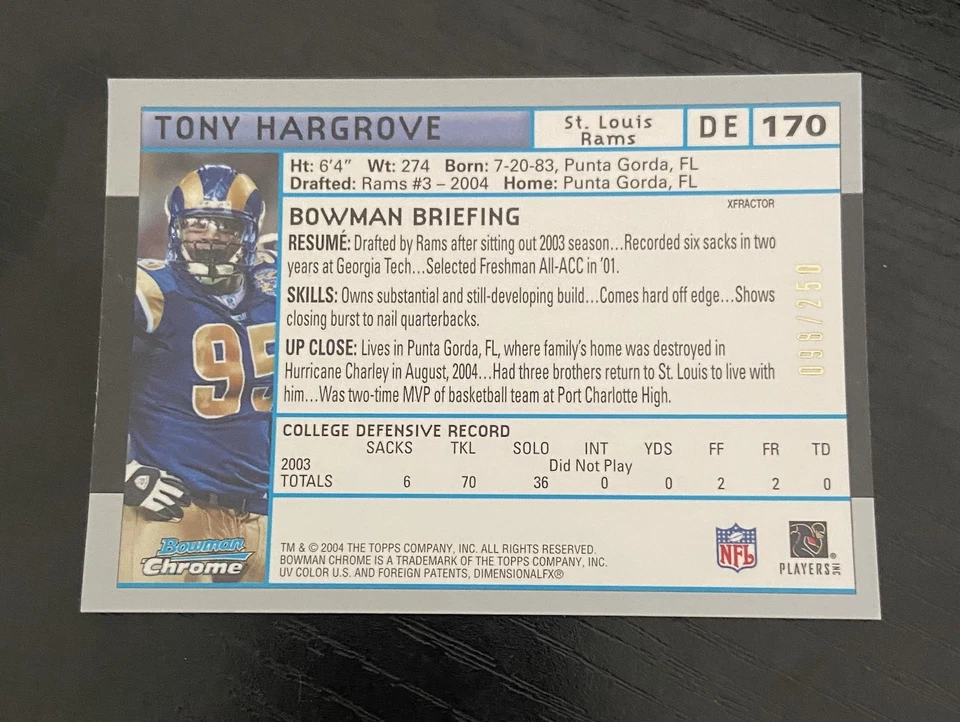 Tony Hargrove 2004 Bowman Chrome Football X-Fractor #170 Rookie RC /250 Rams - Image 2 of 2