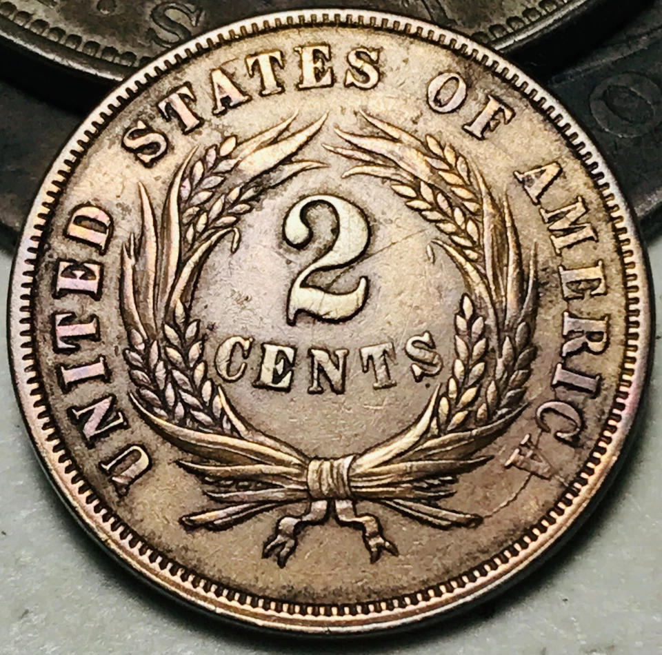 1865 Two Cent Piece 2C FULL MOTTO Civil War Era US Copper Coin CC27379 - Image 2 of 4