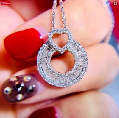 2Ct Round Cut Diamond Heart Circle Pendant 14K White God Plated Silver
