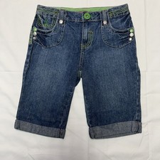Faded Glory Girls Cuffed Denim med stonewash Shorts with green accents size 12