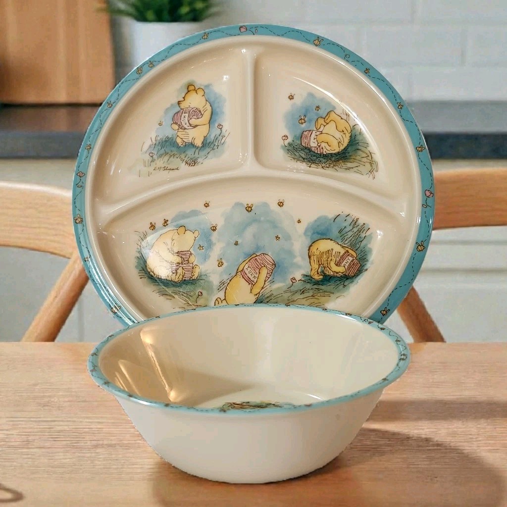 Vtg Selandia Childs 2PC Dish Set Disney Winnie The Pooh Divided Plate & Bowl EC 