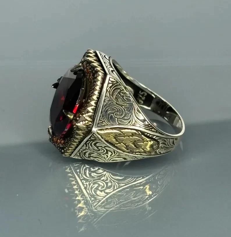 Handmade 925 Sterling Silver Men's Ruby Ring: Ottoman Design - Image 2 of 4