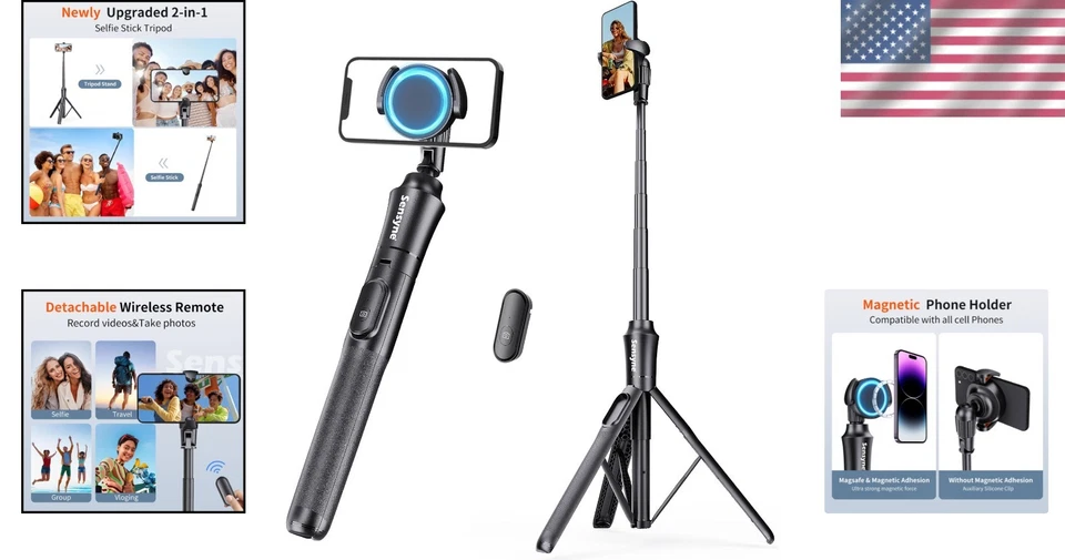 All-in-One 62'' Selfie Stick Tripod: Magnetic Mount & Detachable Remote Included - Image 2 of 4