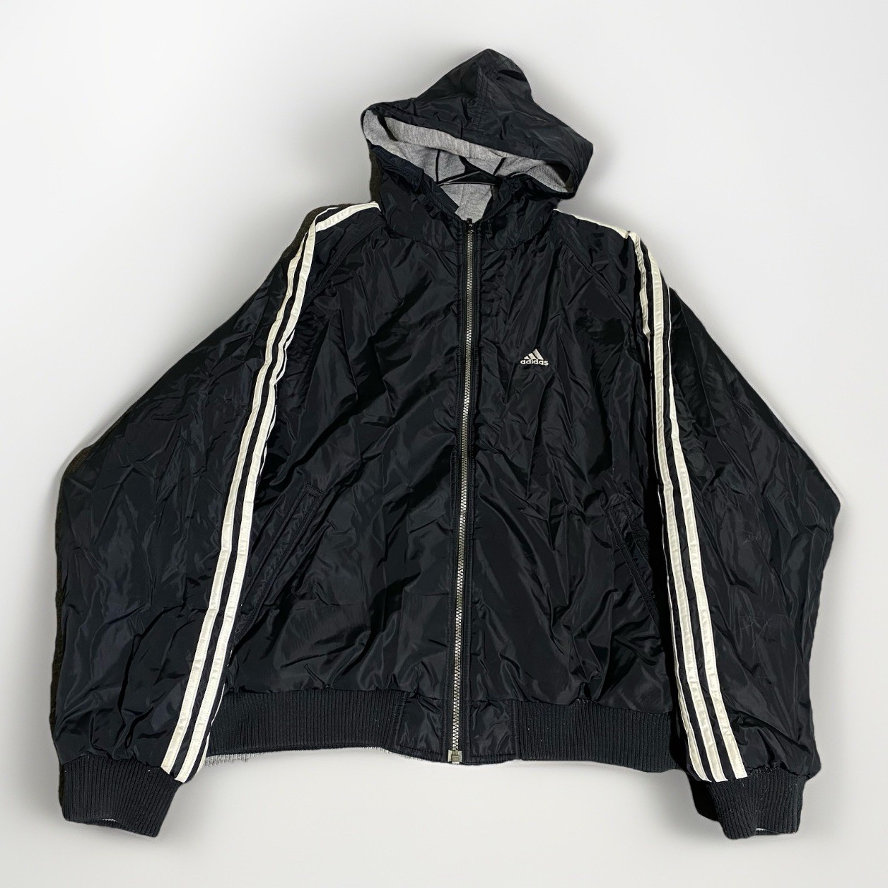 Vtg Y2K Adidas Jacket Mens Large Black Gray Reversible Hooded Bomber Retro Flaws