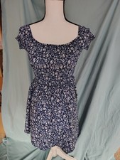Navy Floral Short Sleeve Sundress Square Neck Ruffle Accents Stretch Women