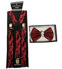 1X Red Stripe Skull Bow Tie And 1X Black Bloody Suspender Halloween Novelty 