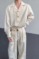 2PC Suit Men's Long Sleeve Lapel Shirt Tops Long Wide Leg Pants Trousers Retro