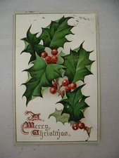 VINTAGE EMBOSSED TUCK'S CHRISTMAS POSTCARD LARGE HOLLY & BERRIE SPRIG 1909