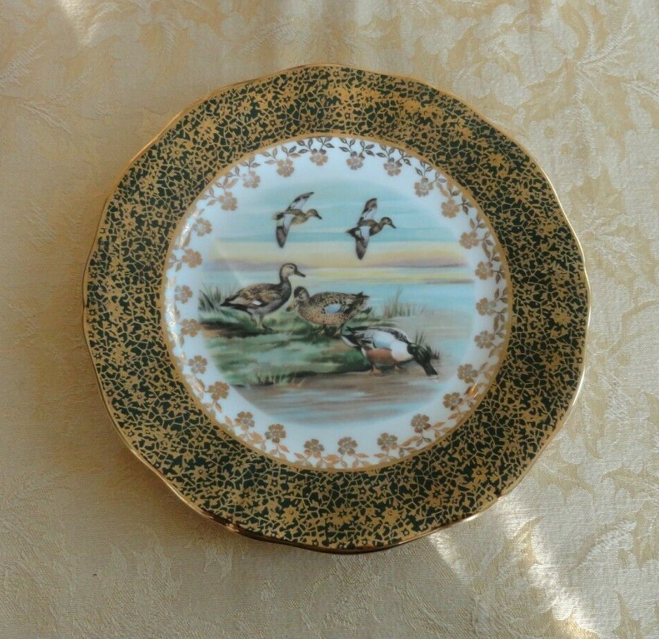 Vintage Regency England Genuine Bone China Bird Plate With Green Gold Band
