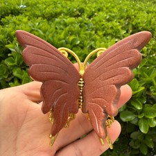 3.6" Red gold sand Carved Butterfly Reiki Crystal Skull Decor gift 1PC
