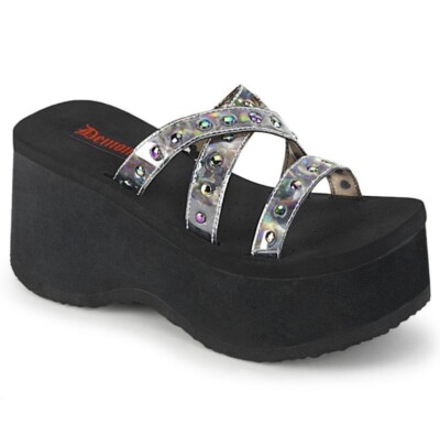 NWT Demonia Funn-19 Black Platform Flip Flops Sandals Slides Punk Gothic  Shoes