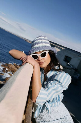 NEW Free People Pixie Blue Stripe Crochet Bucket Hat, $48 