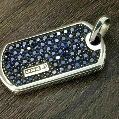 2Ct Lab-Created Blue Sapphire Dog Tag Pendant Necklaces 14K White Gold Plated - Picture 4 of 4