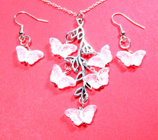 Silver Tone White Butterfly 18" Necklace Pierced Earrings - NWOT 3268