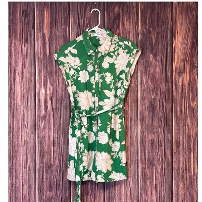 Mango MNG Romper Womens L Green Floral Button Down Belt Cap Sleeve Pockets