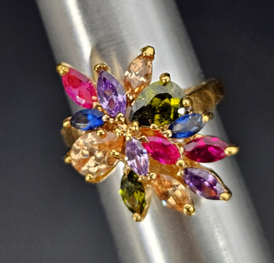 Crystal Cluster Ring Simulated Rubies Multicolor Marquise Gold Plated Sz 7.5