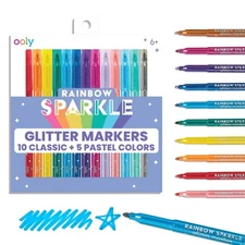 Rainbow Sparkle Glitter Markers Set of 15, Includes 5 Pastel & 10 Classic Col...
