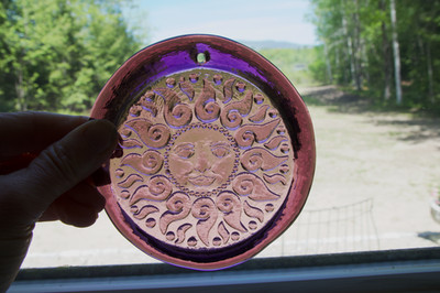 Vintage Round Purple Amethyst Pressed Glass Smiling Sun Sol Suncatcher Medallion