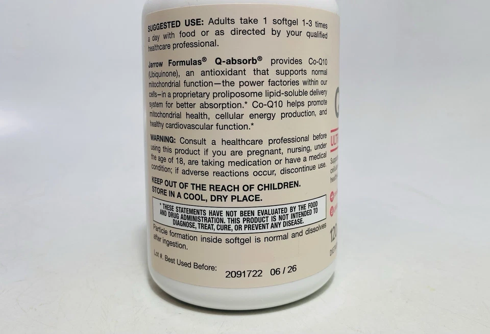 Jarrow Formulas Ubiquinone Q-Absorb Ultra Absorption 100mg  - 120 Softgels - Image 2 of 2