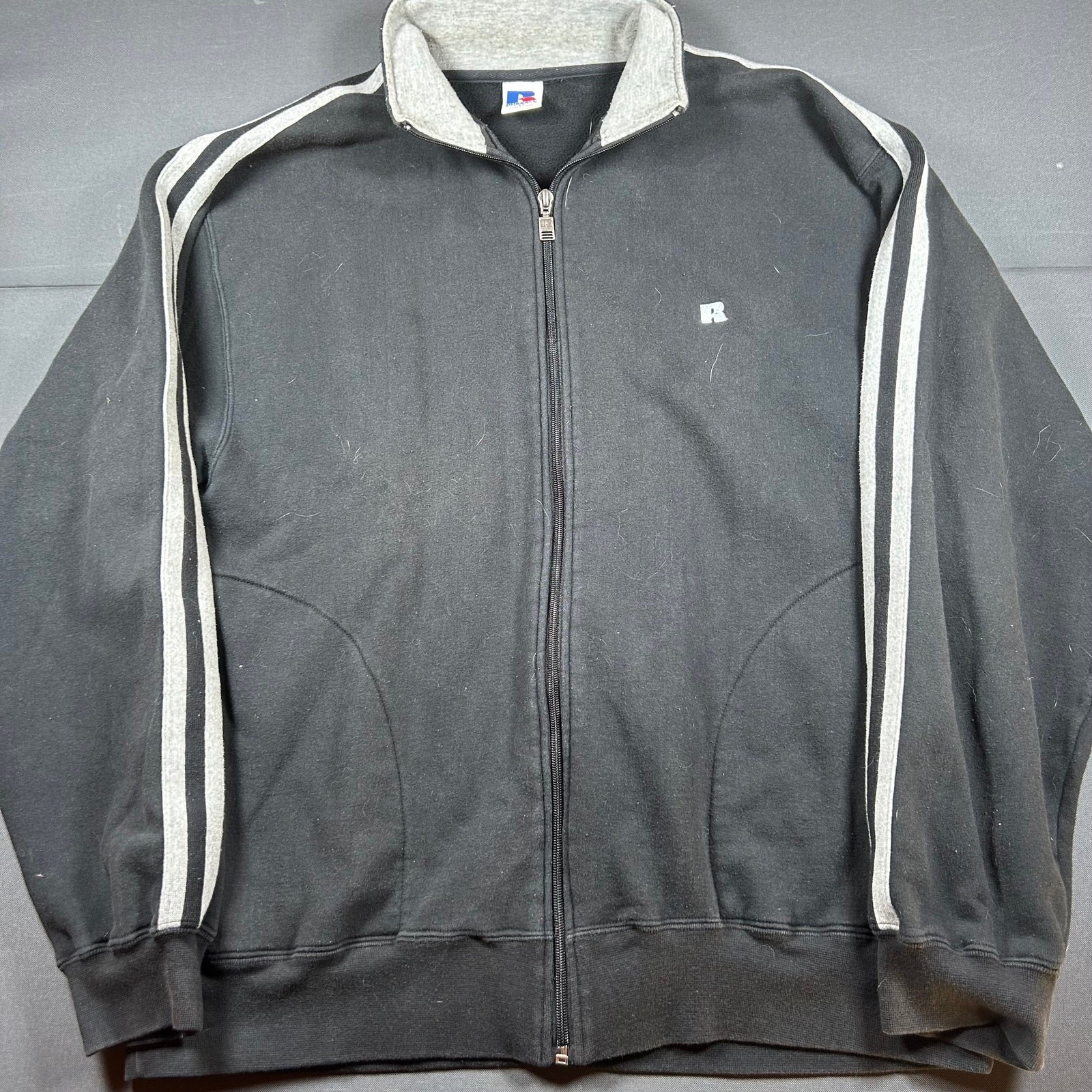 Russell Athletic Full Zip Track Jacket Mens XL Black Grey Stripe Sweatshirt Vtg