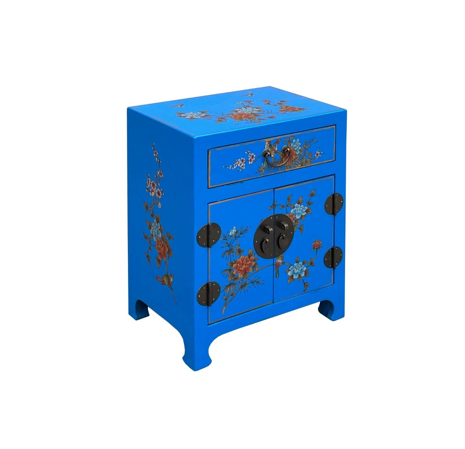 Mesita de noche china de vinilo azul brillante cara de luna flores pájaros GB064 Foto 3 de 4