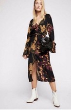 New FREE PEOPLE XL Floral Black Purple Button Tie Front Midi Dress Boho U14