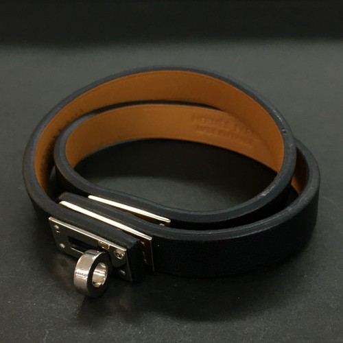 EGA Unused HERMES Mini Kelly Double Tour Leather Silver Tone Bracelet*/2BD2282