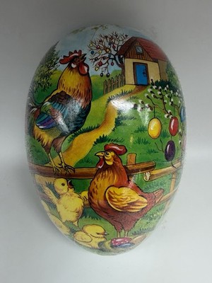 Vtg German Papier Mache Easter Egg Candy Container Rooster Hen Chicks Farmhouse