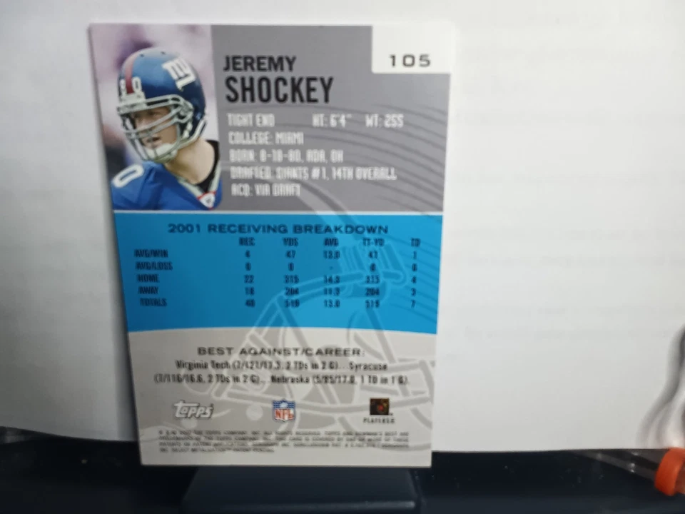 2002 Bowman's Best - Jeremy Shockey #105 (MEM, RC) Miami Hurricanes N.Y Giants - Image 2 of 2