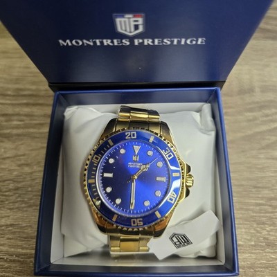 Montres Prestige Men's Diver Blue Dial Quartz Uni Rotating Bezel Gold Bracelet