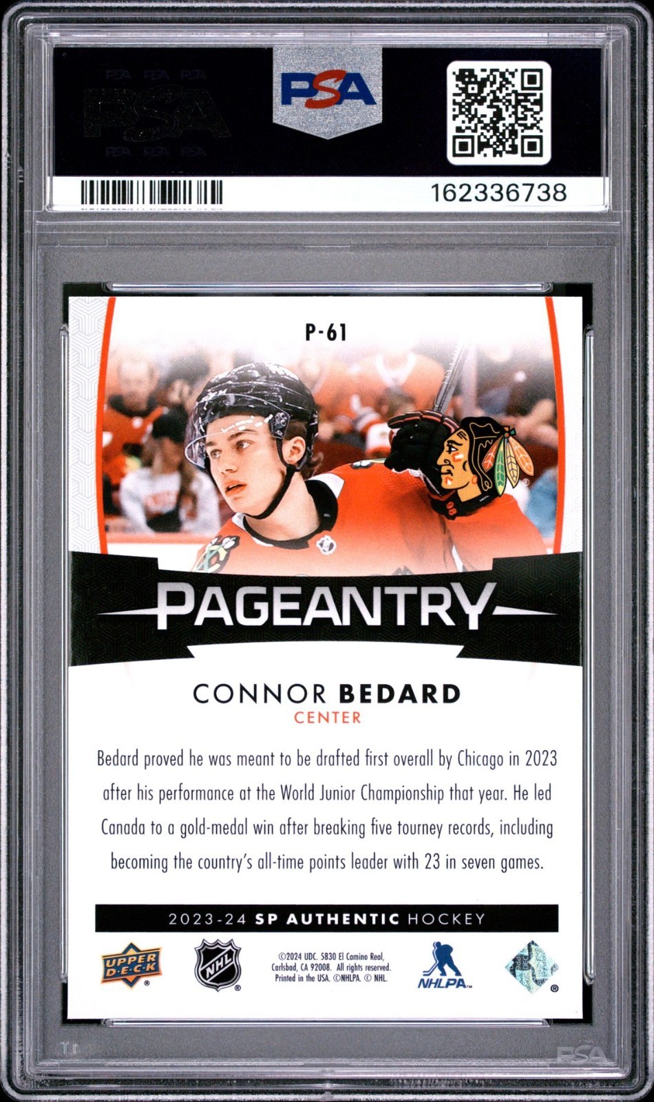 2023-24 Sp Authentic - Pageantry Connor Bedard #P-61 (RC) Graded PSA 10 GEM MT view 2