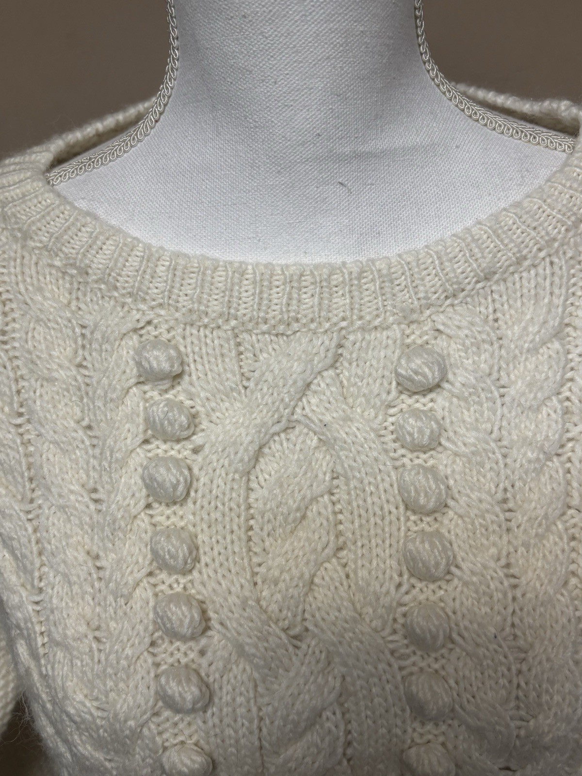 TALBOTS Cable-Knit Sweater Women Medium Off-White Cream Ivory Wool Pom Fisherman thumbnail 3