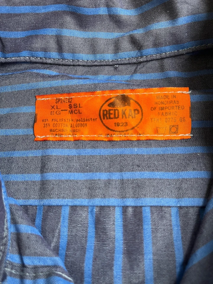 Vintage Red Kap Work Shirt USA Flag Marine Patch XL Blue Stripe Y2K Uniform - Image 3 of 4