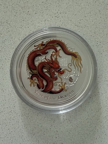 2012 5OZ SILVER COIN LUNAR YEAR OF THE DRAGON IN ORIGINAL CAPSULE COLOUR COLOR
