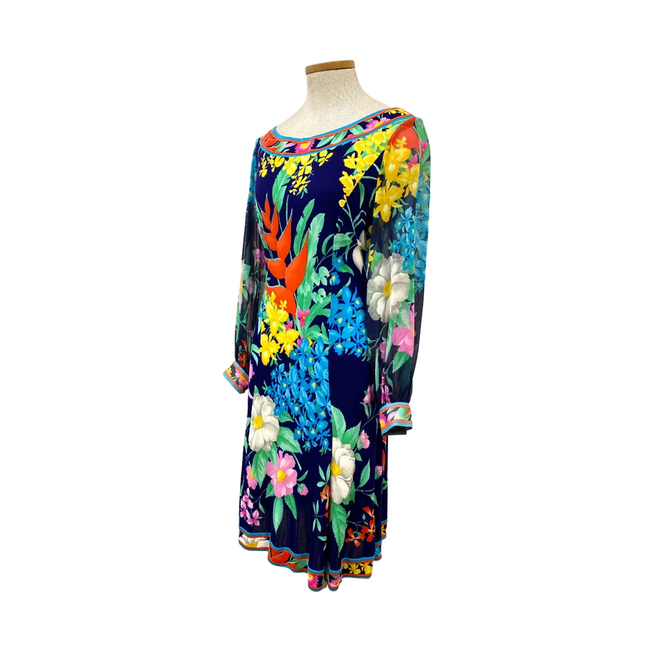 Vestido Floral Tropical Jersey Transparente Firmado Leonard Of Paris De Colección Años 90 Foto 2 de 4