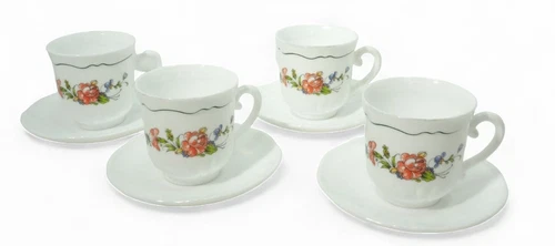 Arcopal France Coffee Tea Cups & Saucers Milk Glass Set of 4 Apple Blossoms