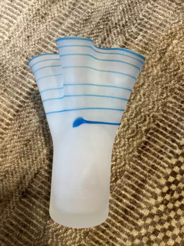 Vintage Art Glass Vase. White Statin  Frosted Glass/Turquoise Ribbon, 8” Tall