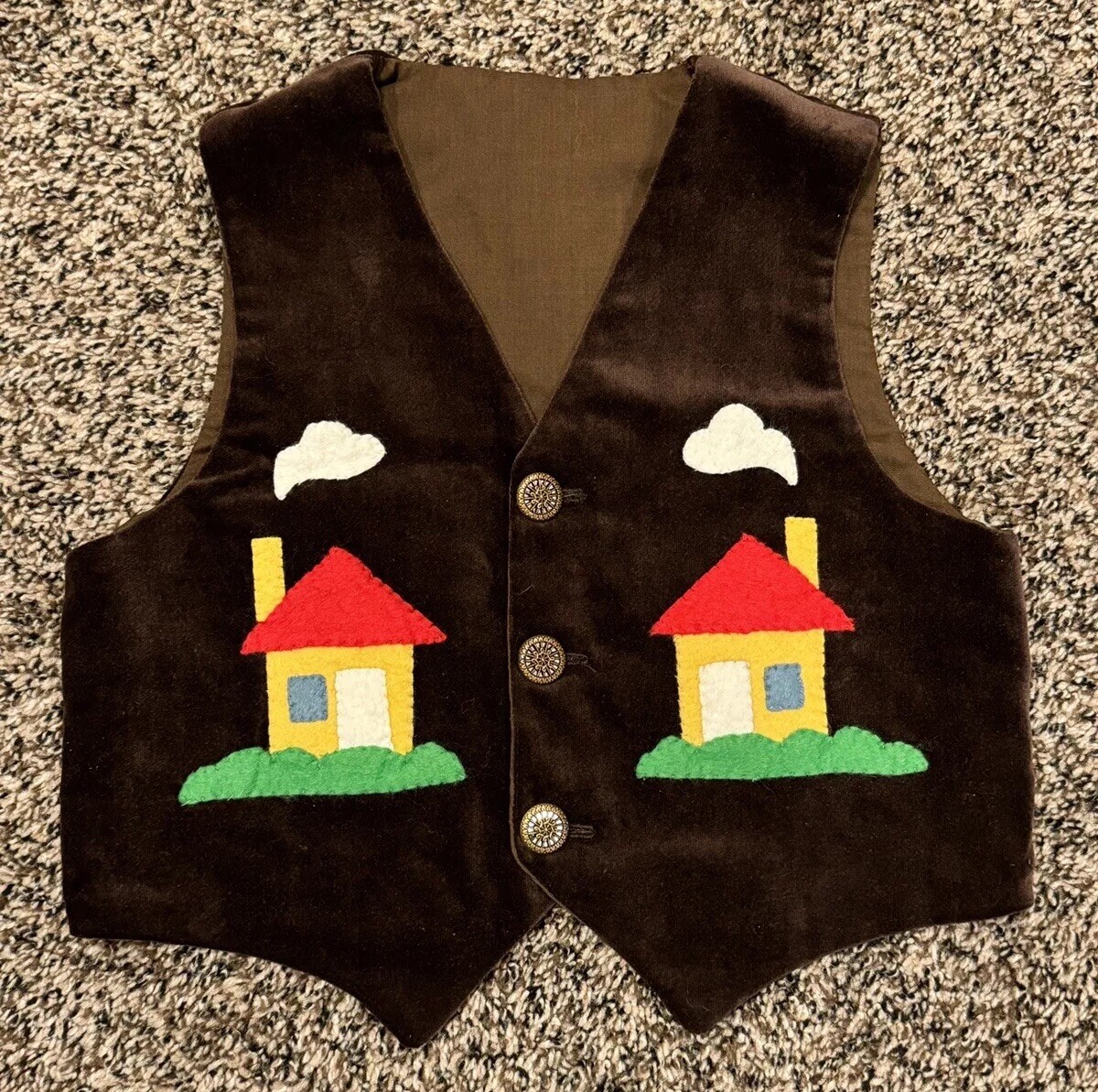 Handmade Kids Boys Vest Brown Velvet Felt Houses Kitschy