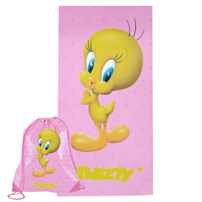 Strandtuch für Mädchen Tweety 70x140 cm mit rosa Strandrucksack