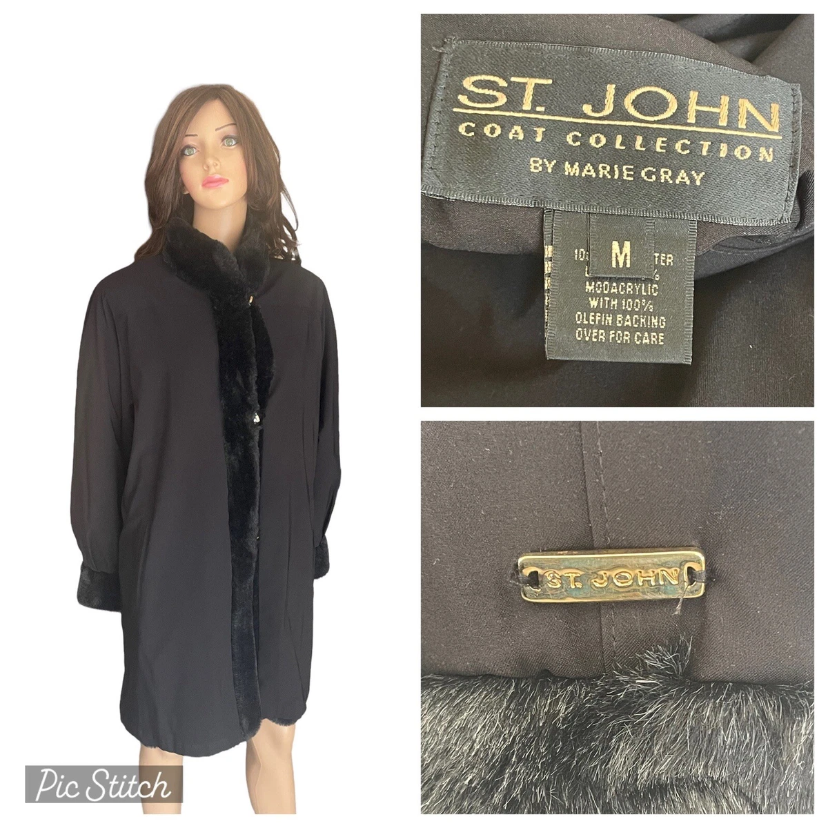 st john collection Coat Large Black Faux Fur Reversible Size M