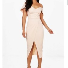 Boohoo May off shoulder wrap skirt midi dress- blush UK 8 rrp £20 NH012 EE 06 
