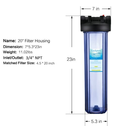 Geekpure 20-Inch Whole House Clear Water Filter Housing with Wrench Bracket-3/4" - Picture 2 of 6