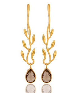 Authentic Leaf Branch Earrings Amazing Leaf Design Gold Plated Earrings With Smoky