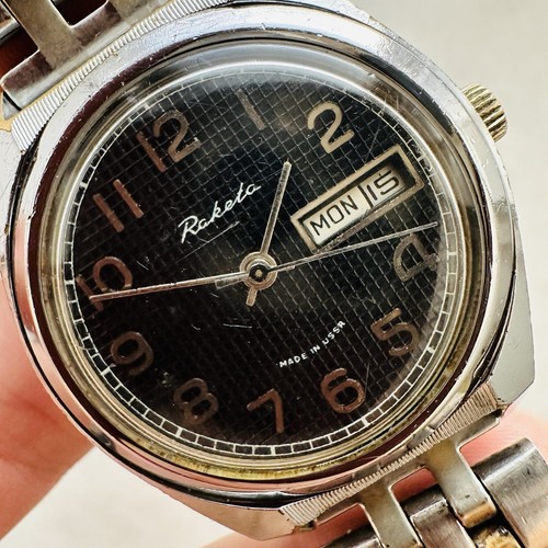 RARE RAKETA 2628.H Black USSR Watch Day/Date Wrist Soviet Vtg PChZ “rolex export - Picture 4 of 21
