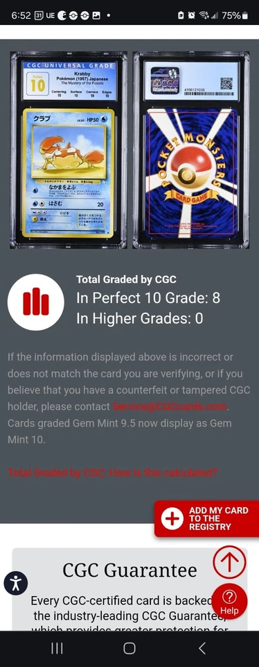 (POP 8) CGC 10 PERFECT Pokemon Krabby 098 Mystery of the Fossils Japanese Card - Image 4 of 4