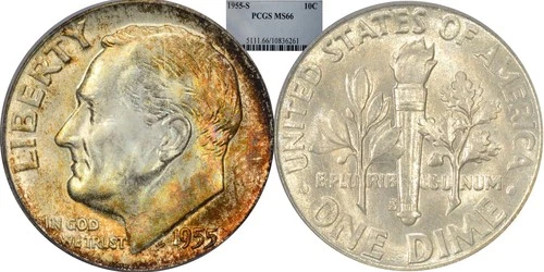 1955-S Roosevelt Dime graded PCGS MS66..pretty color OBV!